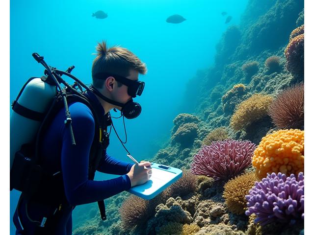 Marine biologist diving to inspect a coral reef