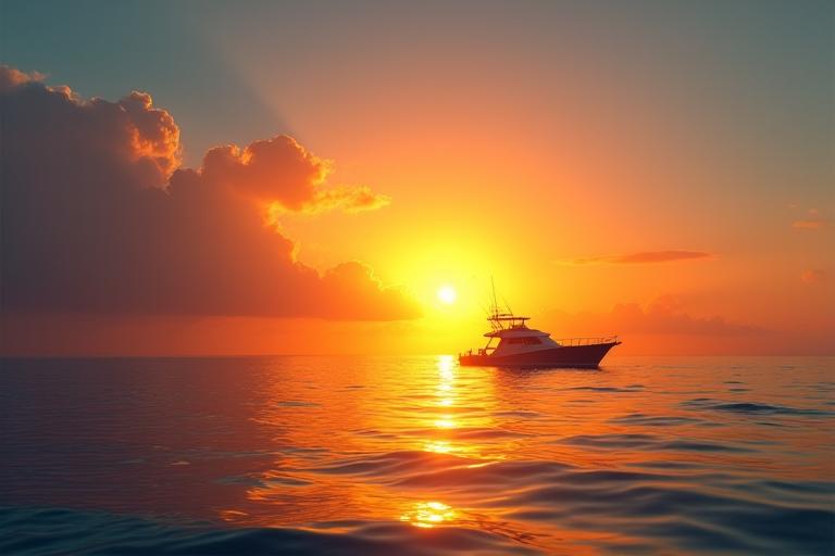 Serene ocean sunrise with a fishing boat silhouette, representing marine connection.