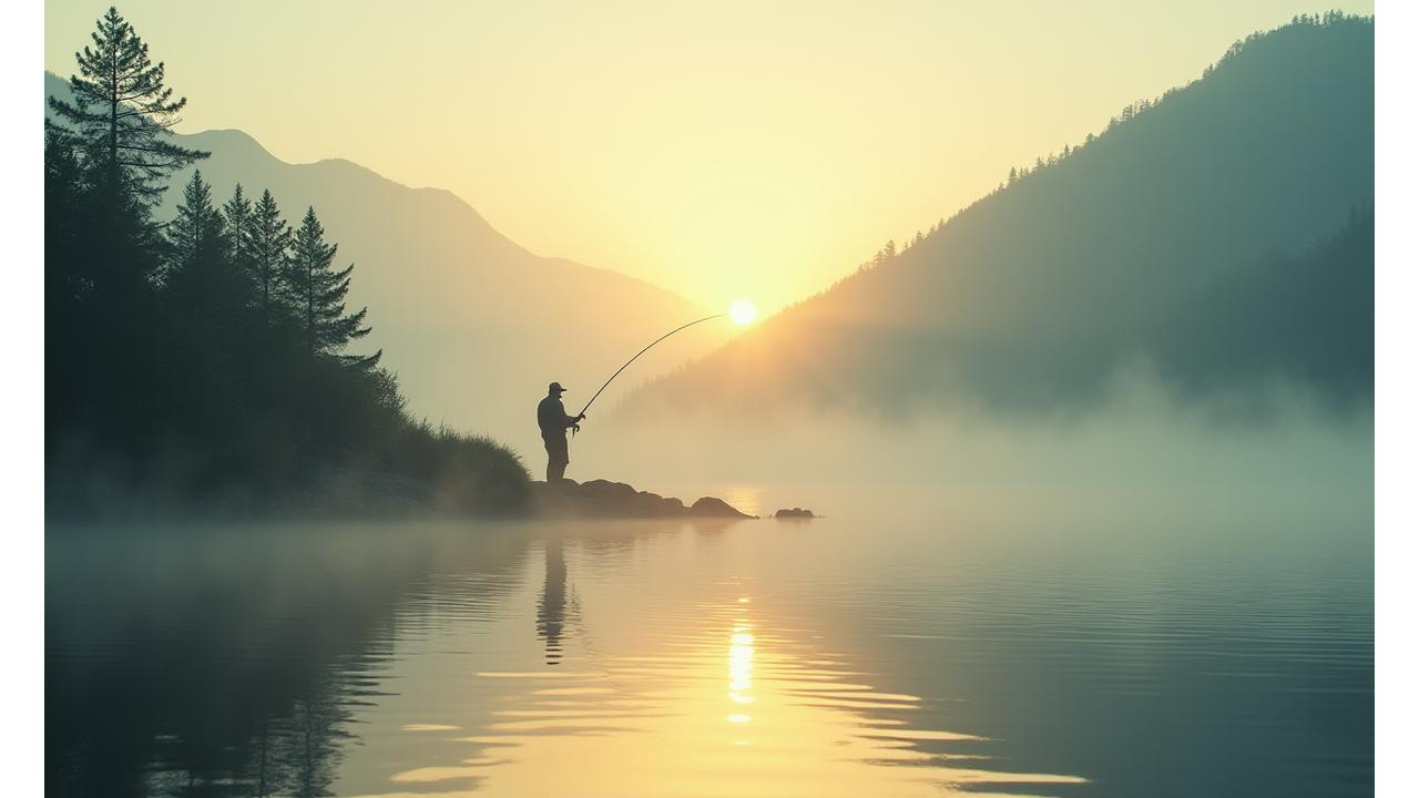 Fly fisherman casting a line on a misty morning lake, tranquil and serene
